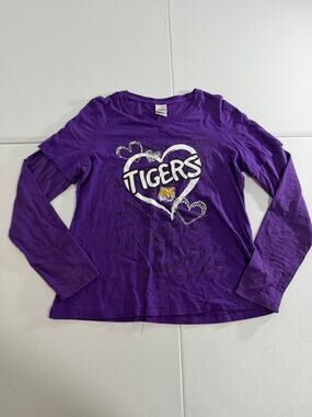 LSU Tigers Long Sleeve Shirt Juniors XL Purple Rhinestone Heart Bling Graphic
